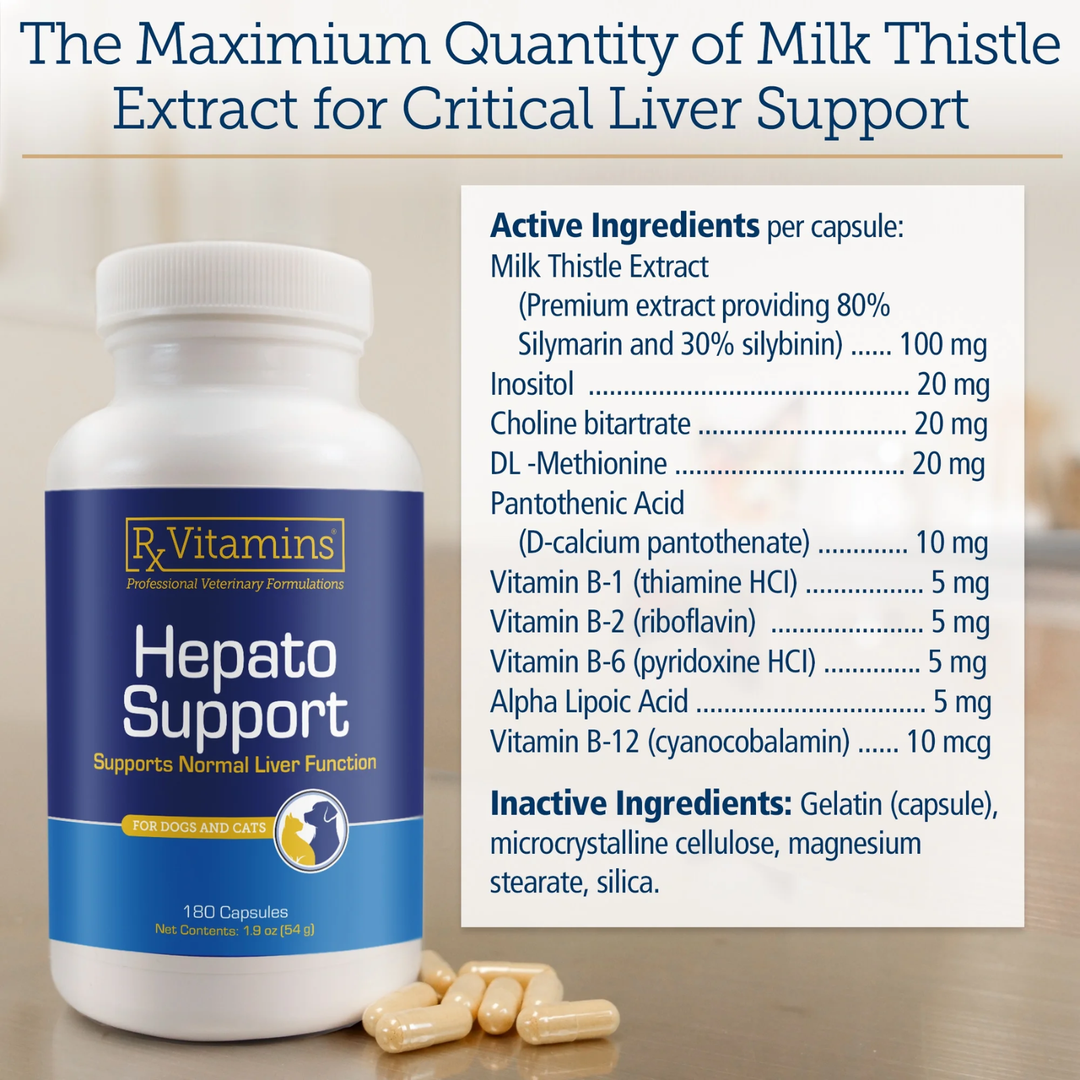 Rx Vitamins For Pets Hepato Support 180 Caps Liver Function Supplement for Dogs and Cats with Milk Thistle Extract