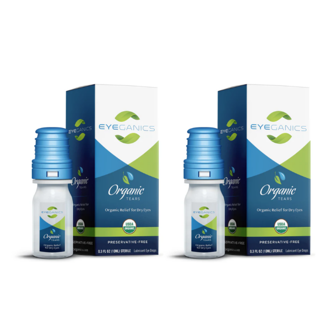 Qty 2 Eyeganics Organic Eye Drops 10mL Each Preservative Free in packaging, organic relief for dry eyes.