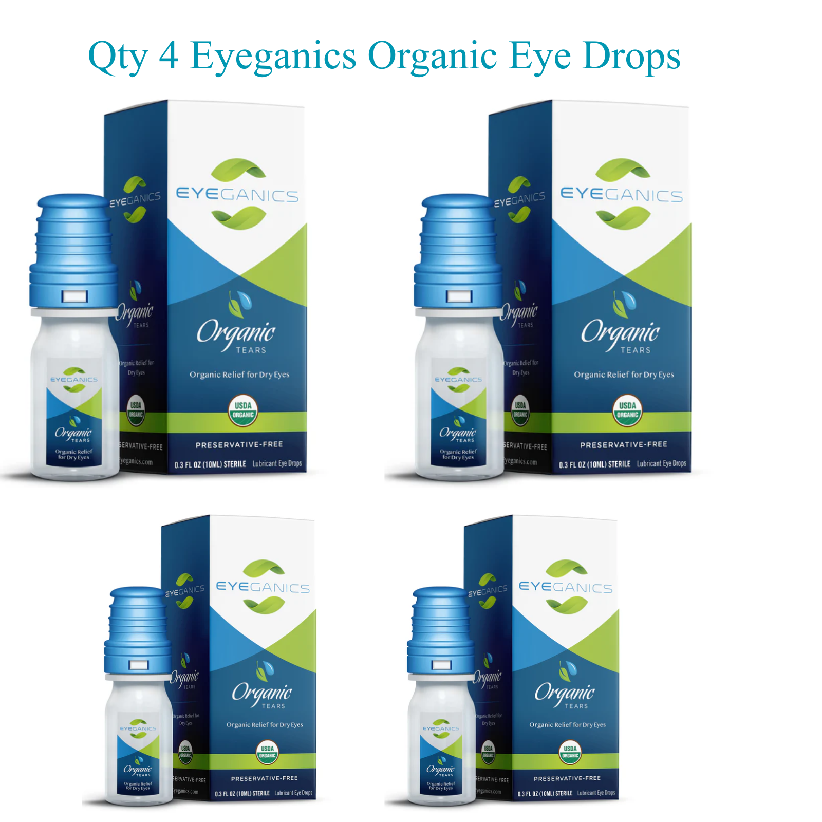 Qty 4 Eyeganics Organic Eye Drops bottles with preservative-free formula for clean eye hydration.