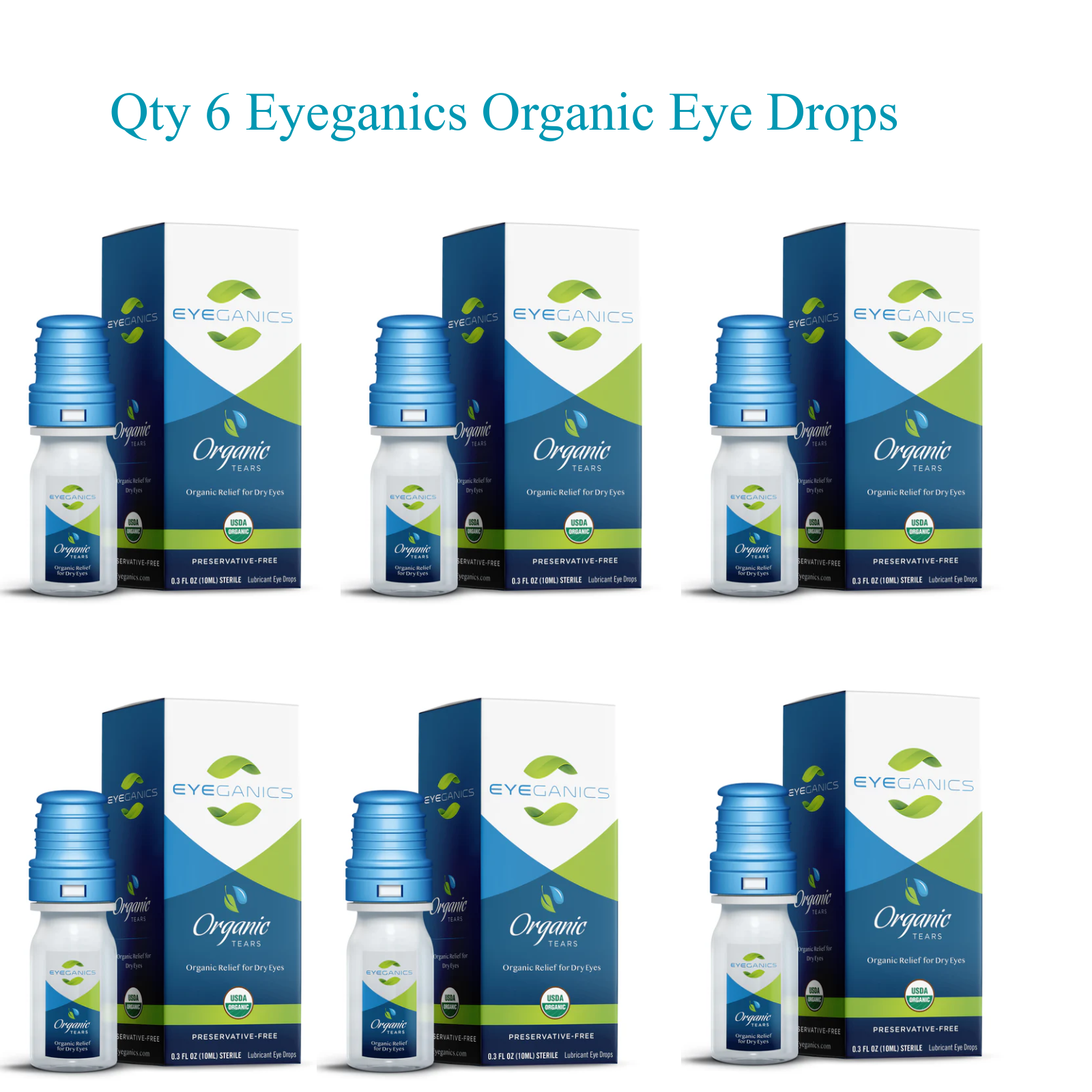 Qty 6 Eyeganics Organic Eye Drops bottles on display for moisture support and eye hydration.