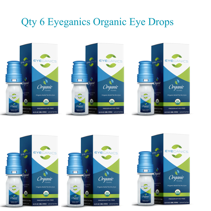 Qty 6 Eyeganics Organic Eye Drops bottles on display for moisture support and eye hydration.