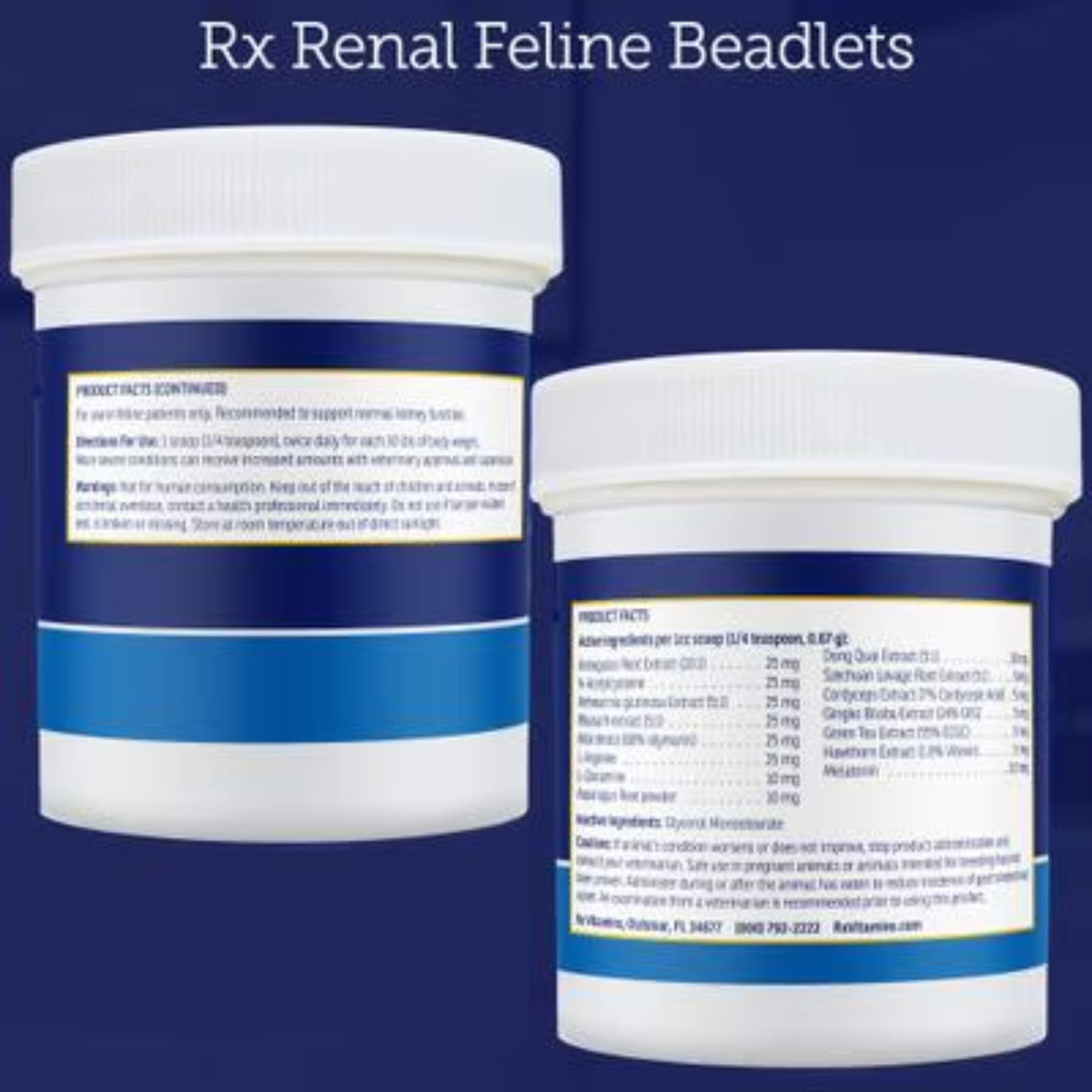 Rx Vitamins For Pets Renal Feline Beadlets packaging, 3.52 Oz, kidney support for cats with important nutritional details.