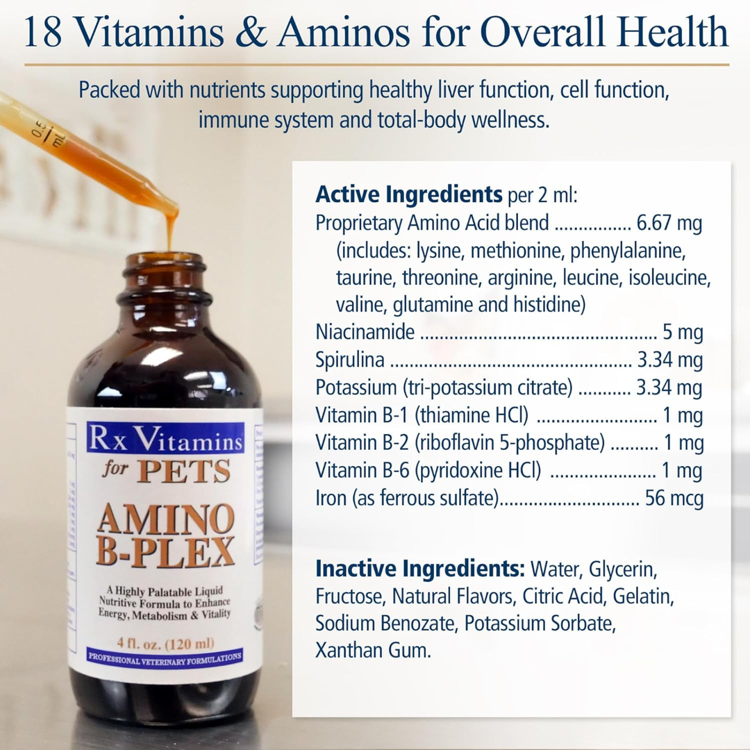 Rx Vitamins For Pets Amino B-Plex 4 Ounces liquid vitamin supplement for dogs and cats, promoting overall health.