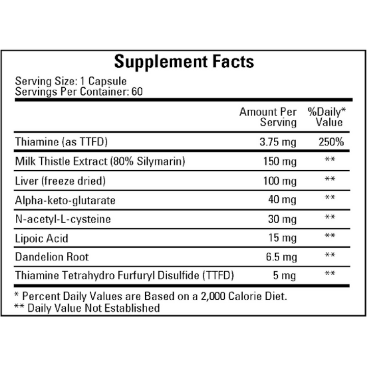 Supplement Facts for Cardiovascular Research Hepagen Liver Support Formula including Thiamine and Milk Thistle Extract.