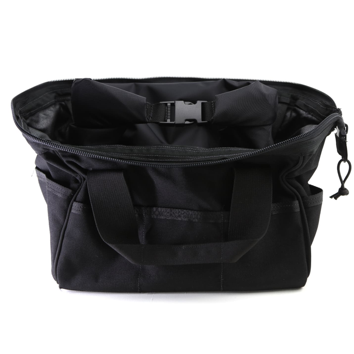 Faraday Cordura Utility Bag Small inside view with zipper and buckle, durable black design for waterproof carry.