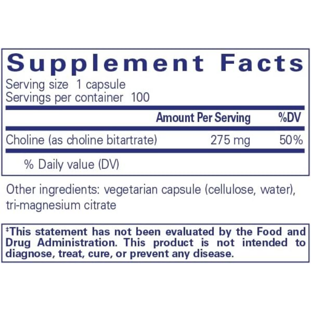 Pure Encapsulations Choline Bitartrate Supports Brain Health 100 Capsules