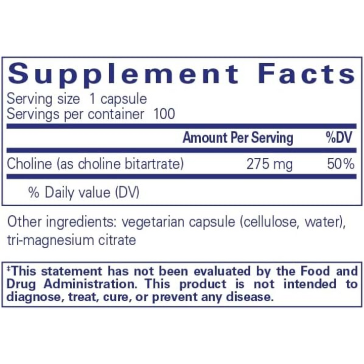 Pure Encapsulations Choline Bitartrate Supports Brain Health 100 Capsules