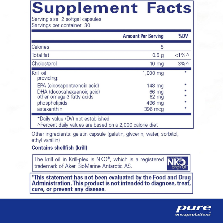 Pure Encapsulations Krill Plex Supports Heart Skin Joint Brain Health 60 Softgel
