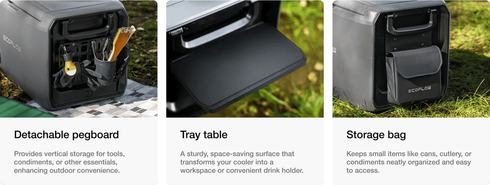 Features of EcoFlow GLACIER Classic Fridge: detachable pegboard, tray table, and storage bag for outdoor convenience.