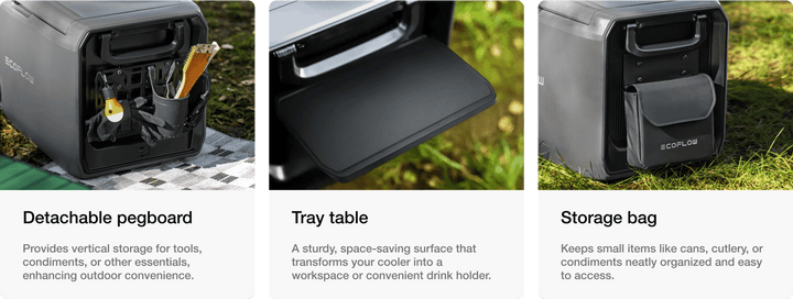 Features of EcoFlow GLACIER Classic Fridge: detachable pegboard, tray table, and storage bag for outdoor convenience.