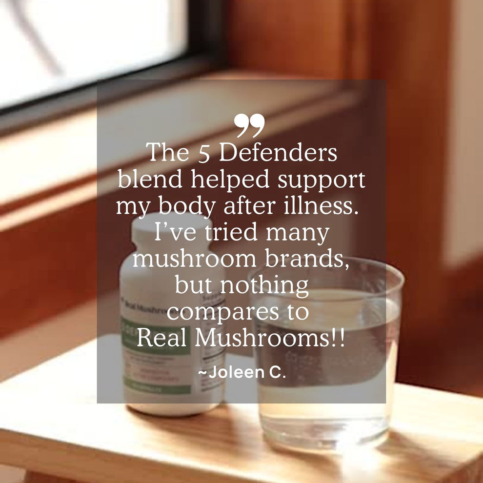 Customer testimonial for Real Mushrooms 5 Defenders, highlighting its immune support benefits after illness.
