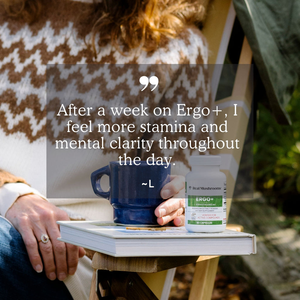 Real Mushrooms Ergo + L-Ergothioneine supplement testimonial with a coffee mug and positive review on stamina.