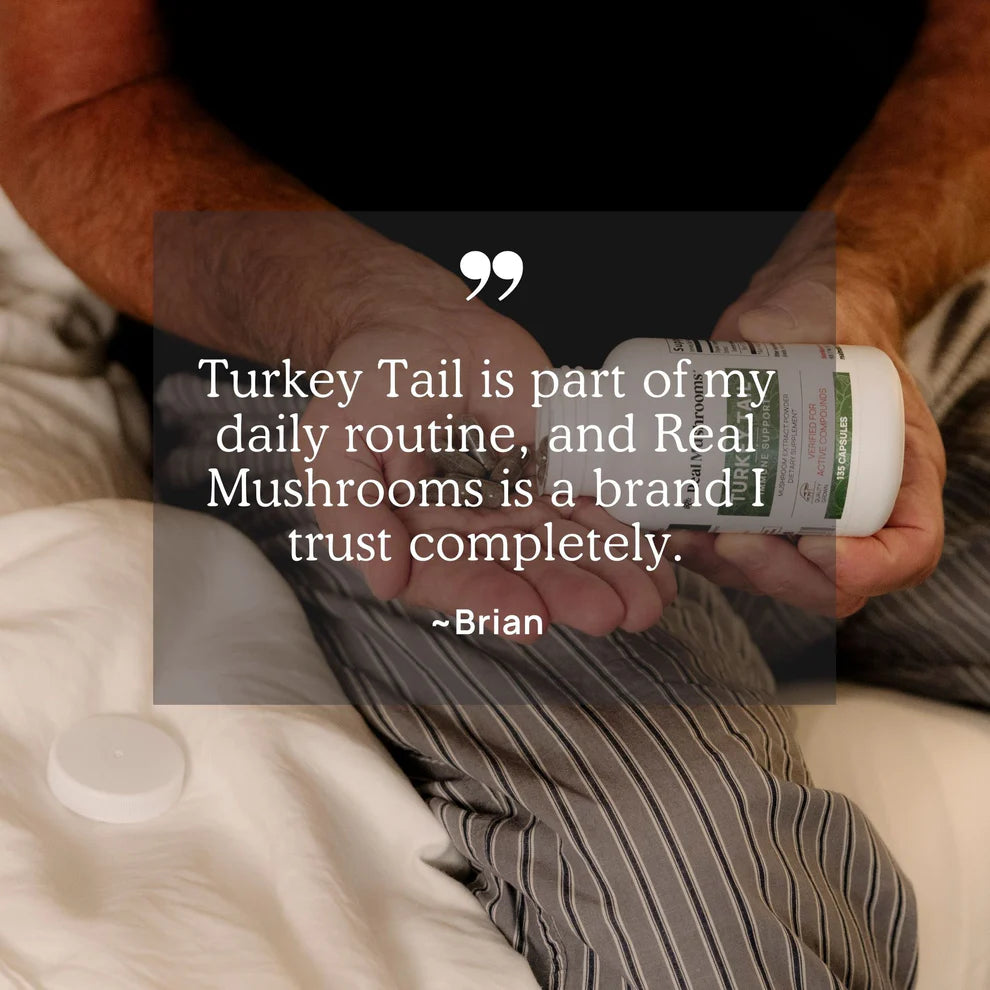 Turkey Tail testimonial by Brian emphasizing Real Mushrooms Turkey Tail for daily routine and trust.