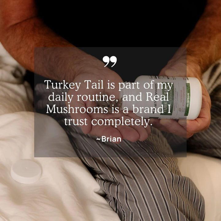 Turkey Tail testimonial by Brian emphasizing Real Mushrooms Turkey Tail for daily routine and trust.