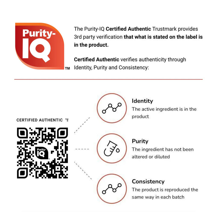 Purity-IQ Certified Authentic Trustmark with identity, purity, and consistency verification details