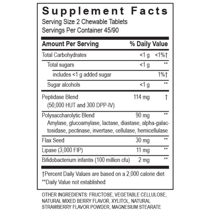 Supplement facts label for Transformation Enzymes Kidz Digest Chewable Enzyme Nutrient Breakdown 180 Caps.