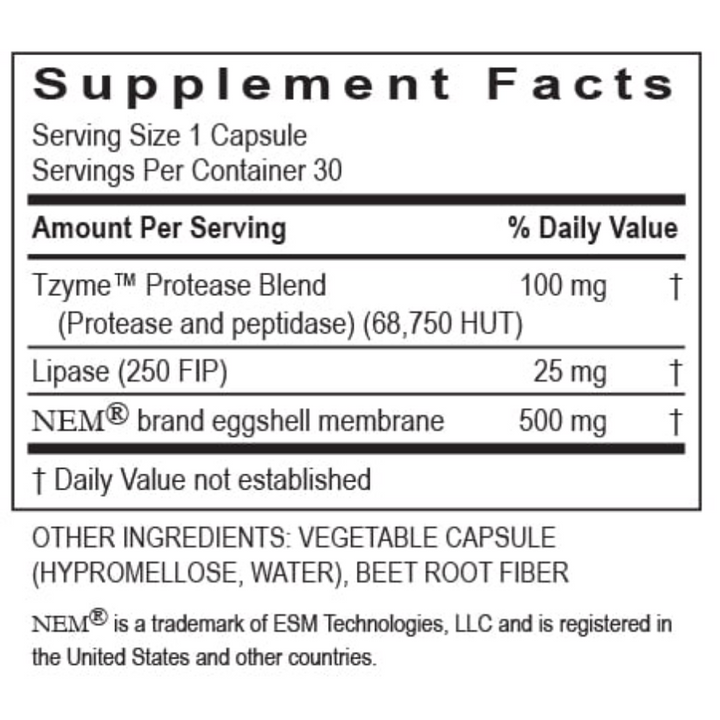 Supplement Facts for Transformation Enzymes Joint Health showing ingredients and serving information, 30 capsules.