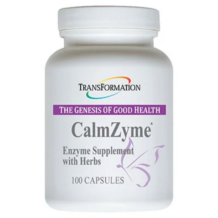 Transformation Enzymes CalmZyme enzyme supplement with herbs in a white bottle, 100 capsules.