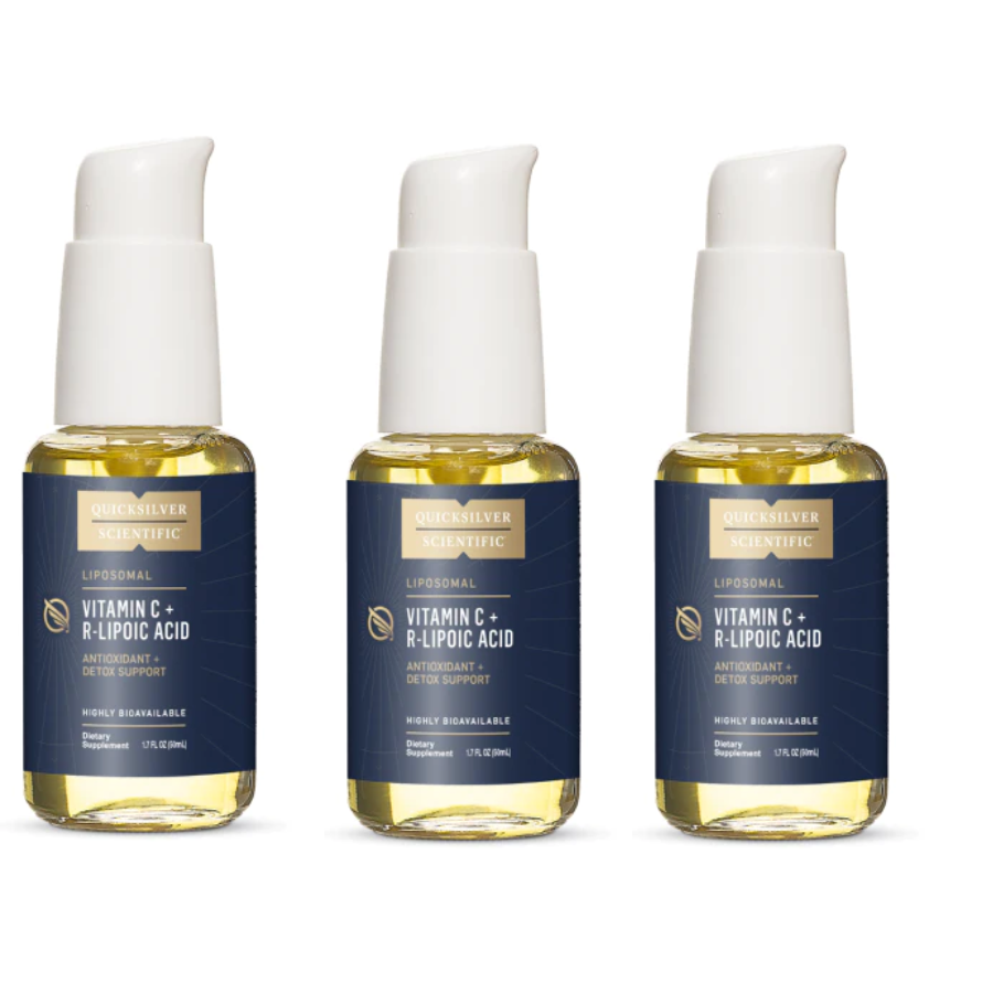 Quicksilver Scientific Vitamin C with R-Lipoic Acid 3 Pack bottles, liposomal antioxidant supplement.