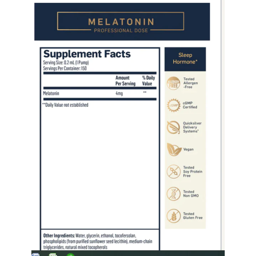 Quicksilver Scientific Liposomal Melatonin High Neuroprotective Dose supplement facts label.