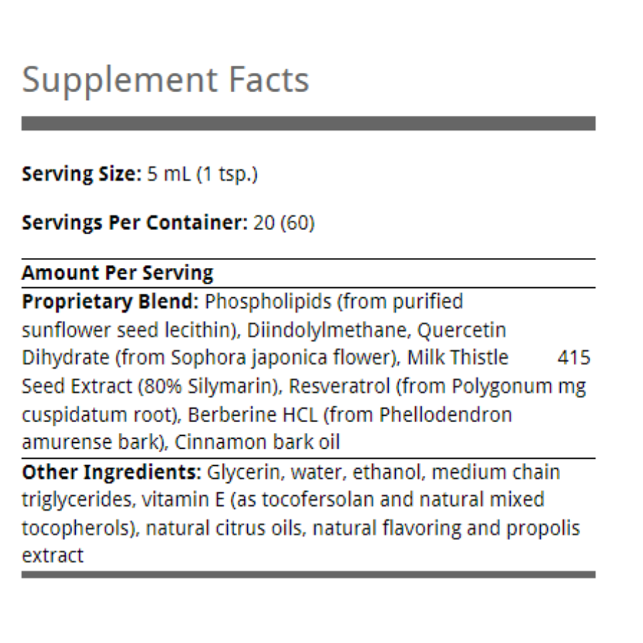 Quicksilver Scientific Ampk Charge+ 100 ml supplement facts label detailing serving size, proprietary blend, and other ingredients.