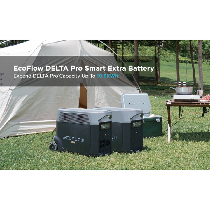 EcoFlow DELTA Pro Extra Battery 3600Wh for use with the Delta Pro Power Station in a camping setup.