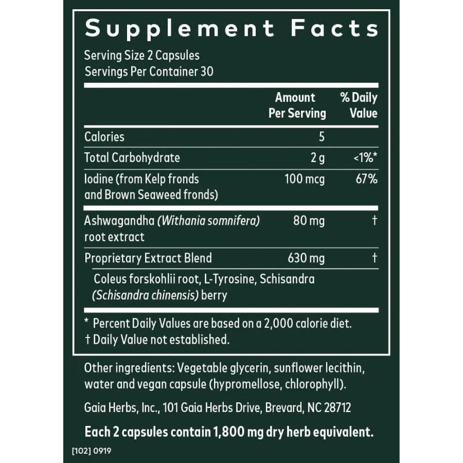 Supplement Facts for Gaia Herbs Thyroid Support showing ingredients, serving size, and nutritional information.