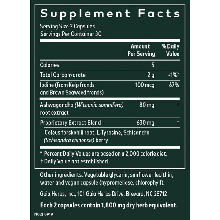 Supplement Facts for Gaia Herbs Thyroid Support showing ingredients, serving size, and nutritional information.