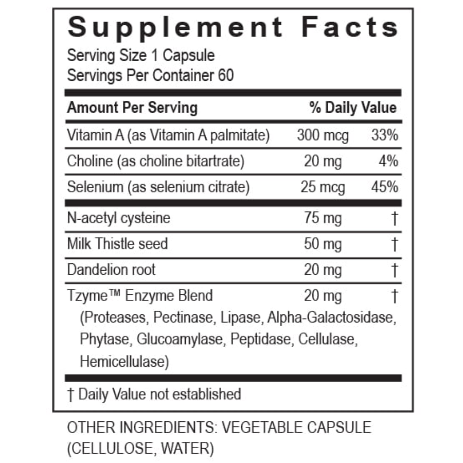 Supplement facts for Transformation Enzymes Liver Support showing ingredients and nutritional information for 60 capsules.