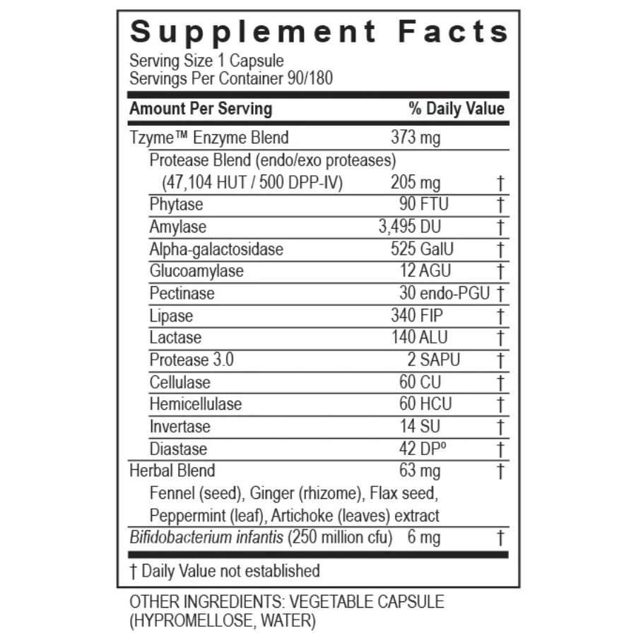 Supplement facts for Transformation Enzymes Carbo G Support Gluten and Carb Digestion 180 Capsules, showing enzyme blend and ingredients.