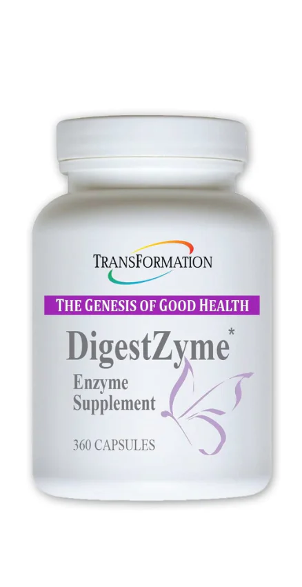 Transformation Enzymes DigestZyme enzyme supplement bottle with 360 capsules for digestive health.