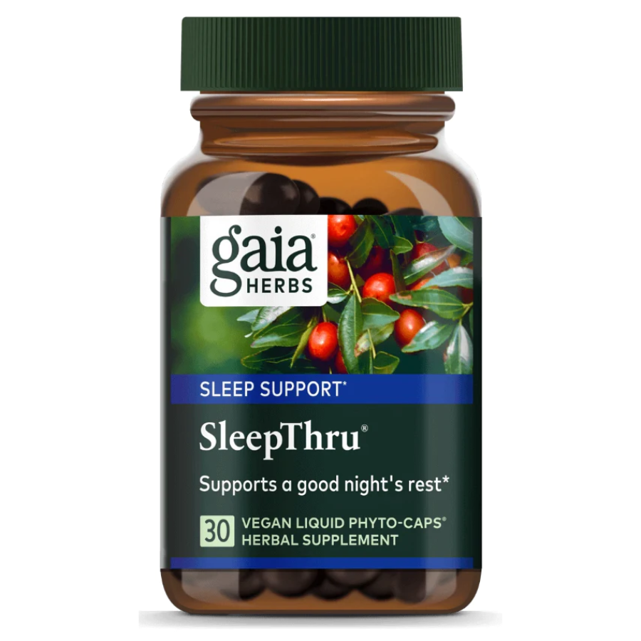 Gaia Herbs SleepThru Supports Restful Sleep Supplement bottle with herbal ingredients and 30 capsules.