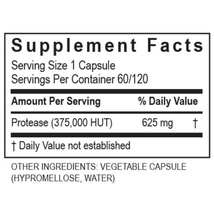 Supplement Facts for Transformation Enzymes Protease 375K showing serving size and ingredients in 120 capsule bottle.