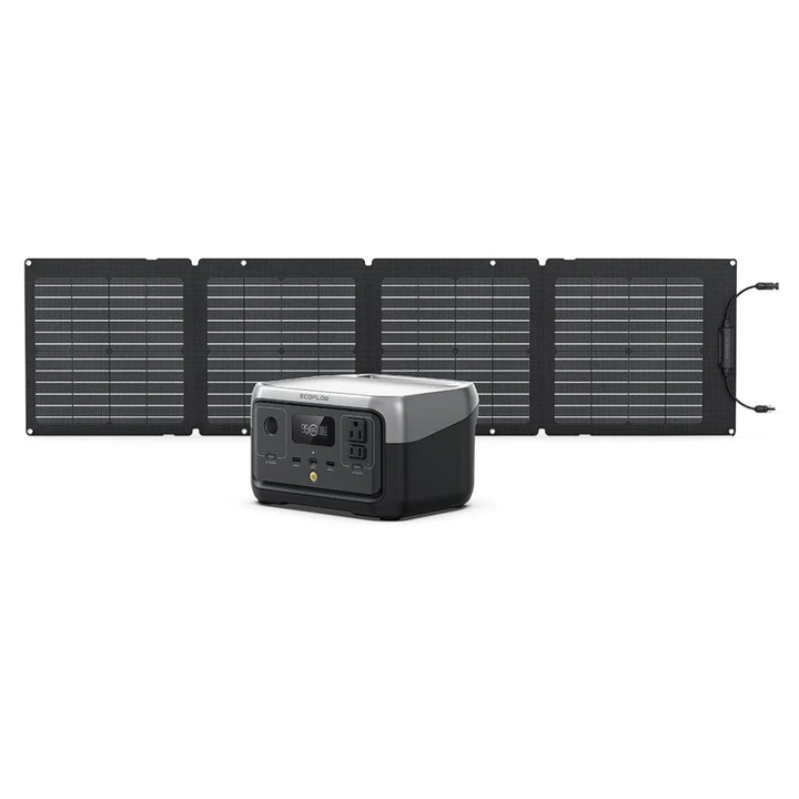 EcoFlow RIVER 2 + One Solar Panel portable energy kit with 256Wh battery and 110W solar panels.