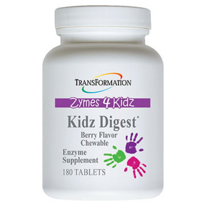 Transformation Enzymes Kidz Digest chewable enzyme supplement for kids, berry flavor, 180 tablets.