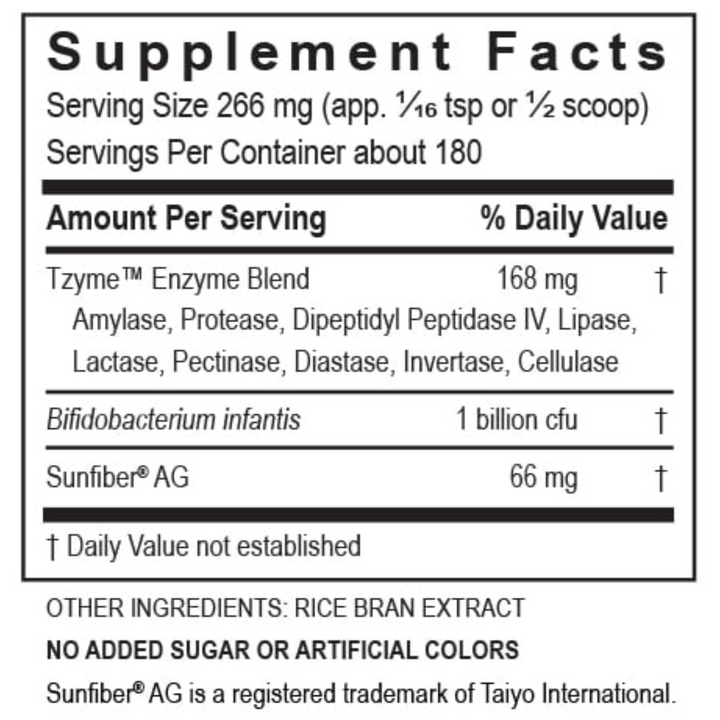 Supplement facts label for Transformation Enzymes Zymes 4 Kidz Digest Powder Supplement, highlighting key ingredients.