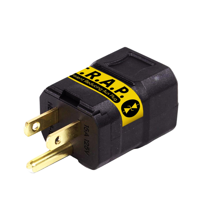 Faraday T.R.A.P AC Transient Voltage Suppression for AC Plug device with yellow label and two prongs.