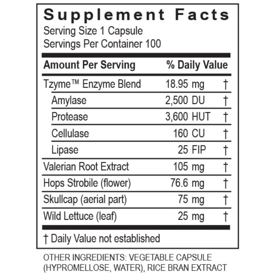 Supplement Facts for Transformation Enzymes CalmZyme, highlighting key ingredients like Tzyme Enzyme Blend, Valerian Root Extract, and more.