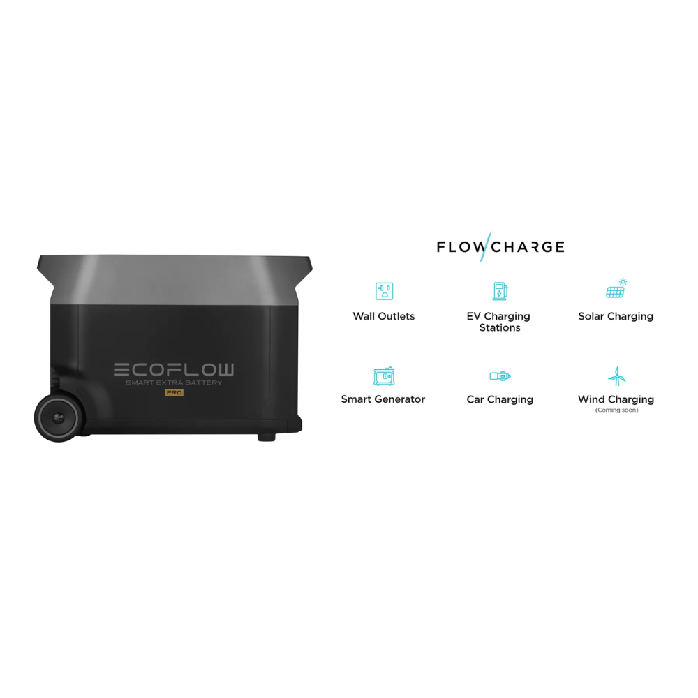 EcoFlow DELTA Pro + DELTA Pro Extra Battery + Solar Panel with various charging options including solar and wall outlets.