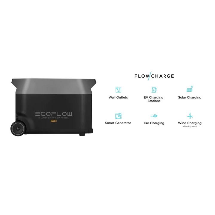 EcoFlow DELTA Pro + DELTA Pro Extra Battery + Solar Panel with various charging options including solar and wall outlets.