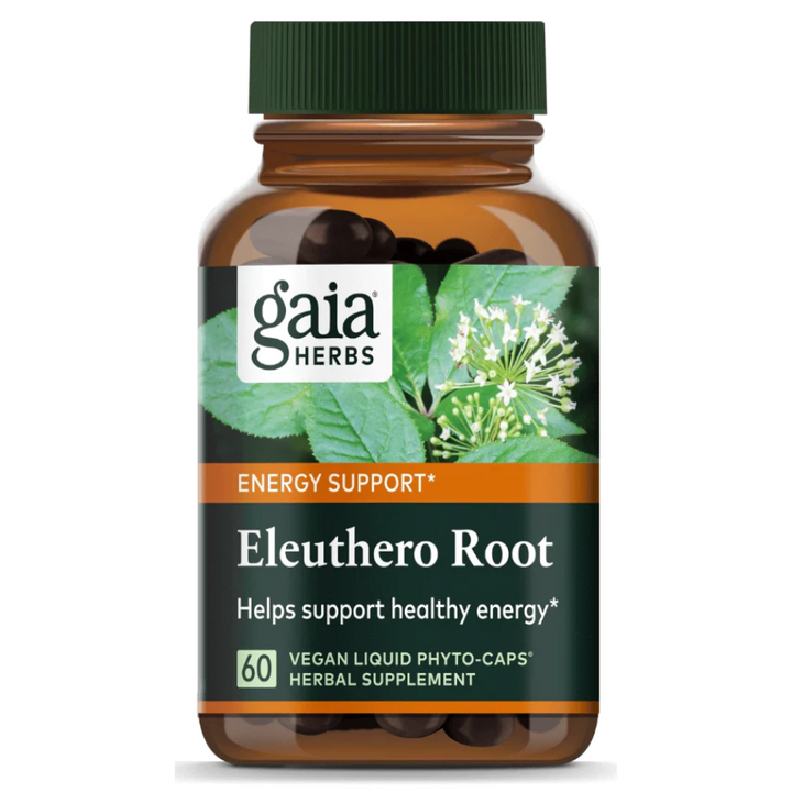 Gaia Herbs Eleuthero Root 60 Capsules bottle for energy support and stress relief herbal supplement.