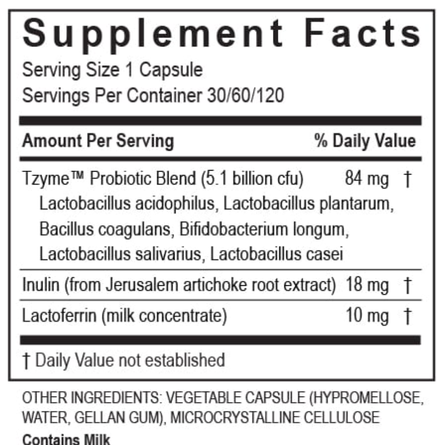 Supplement Facts for Transformation Enzymes Probiotic showing serving sizes and probiotic blend ingredients.