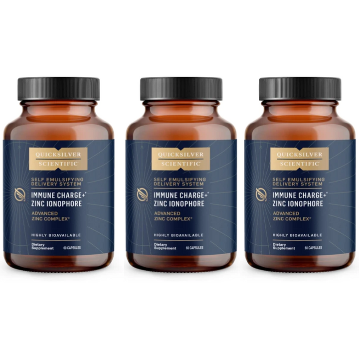 Quicksilver Scientific Immune Charge+ Zinc Ionophore 3 pack bottles with advanced zinc complex for immune support.