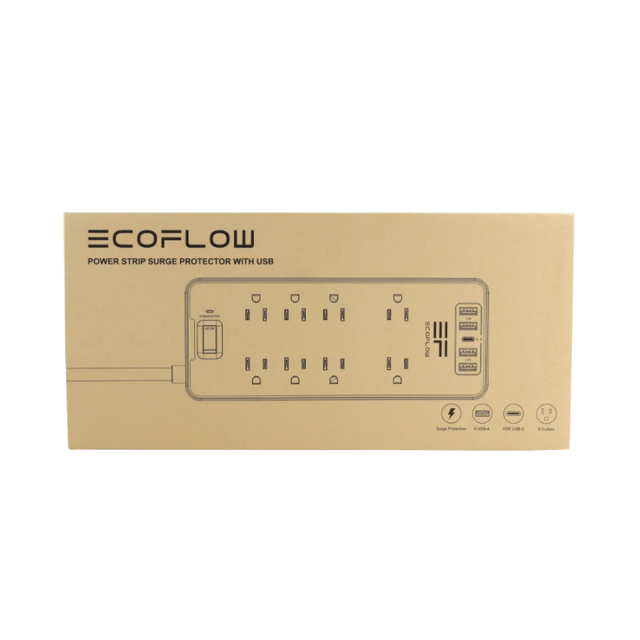 EcoFlow Surge Protector USB for Power Stations 8 AC Outlets 4 USB-A 1 USB-C Port package design.