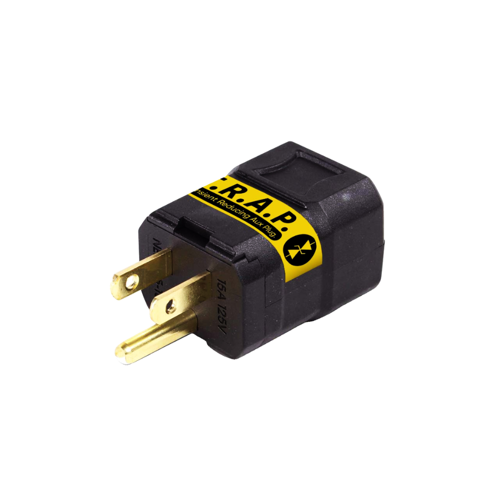 Faraday T.R.A.P AC Transient Voltage Suppression for AC Plug device with yellow label and plug prongs.