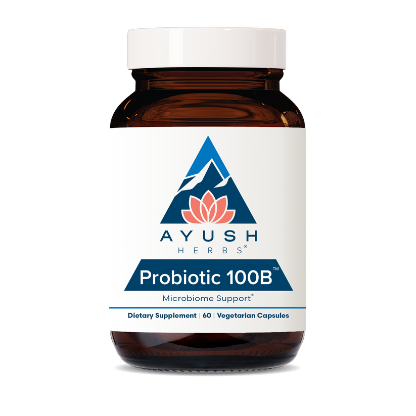 Ayush Herbs Probiotic 100B dietary supplement bottle with 60 vegetarian capsules for microbiome support.