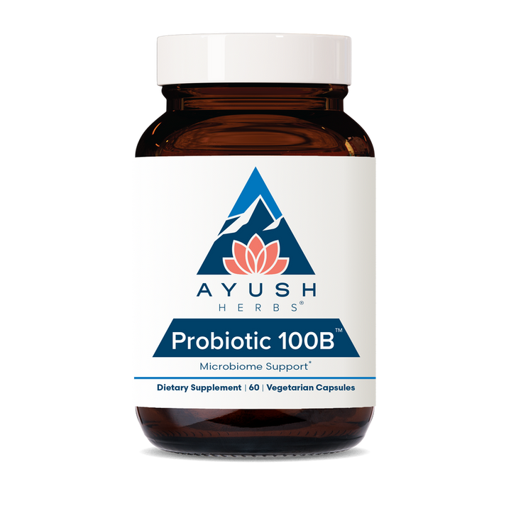 Ayush Herbs Probiotic 100B dietary supplement bottle with 60 vegetarian capsules for microbiome support.