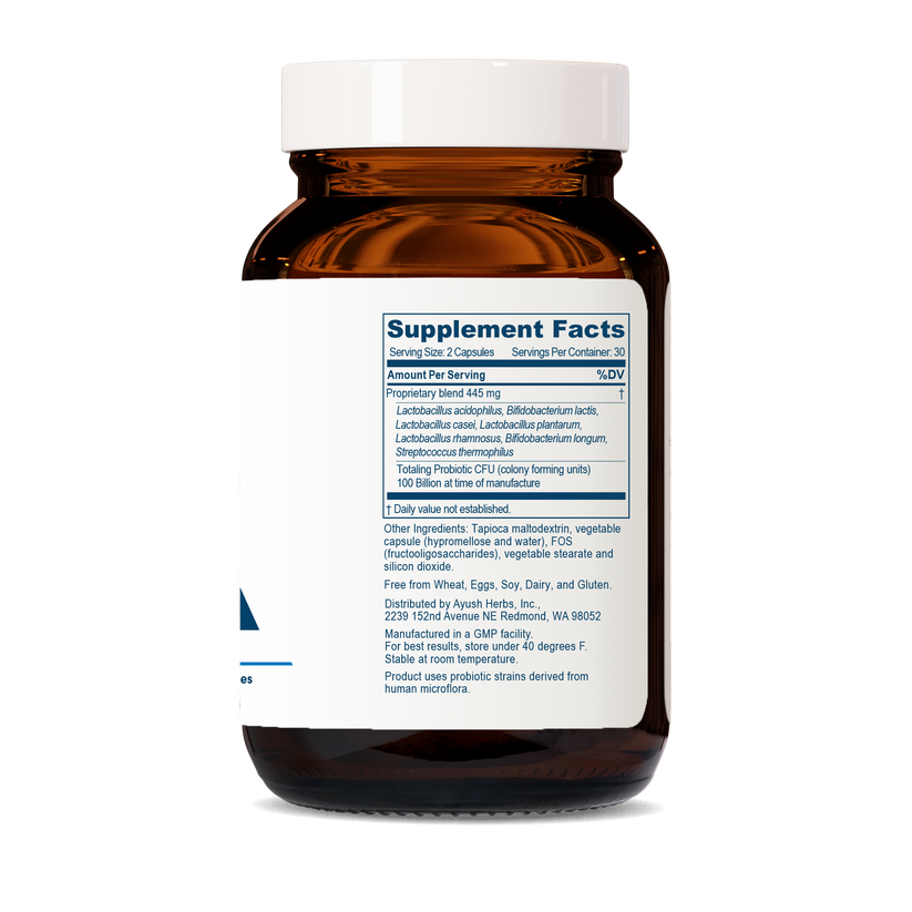 Ayush Herbs Probiotic 100B supplement facts label on a brown glass bottle showing nutrition information.