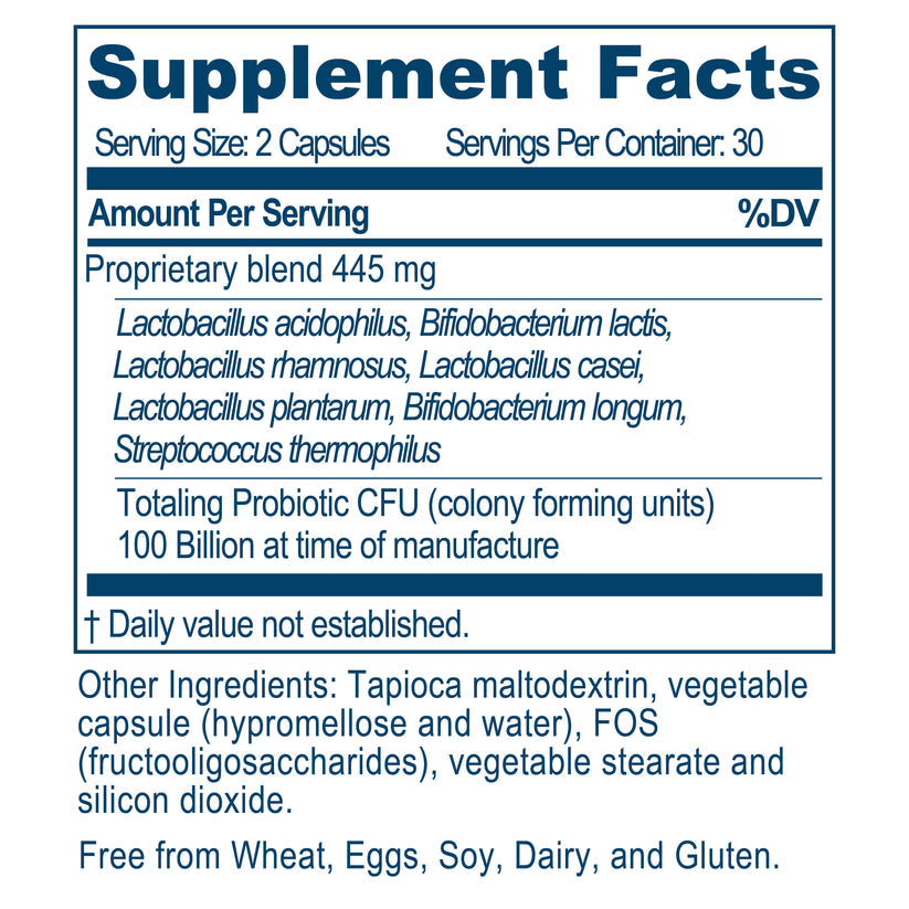 Supplement facts for Ayush Herbs Probiotic 100B showing 100 billion CFUs and probiotic strains per serving.