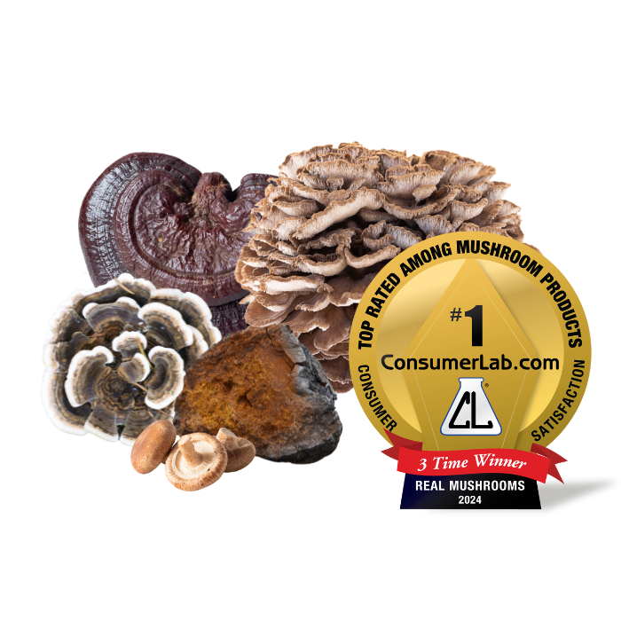 Real Mushrooms 5 Defenders organic mushroom extracts with award badge for consumer satisfaction.